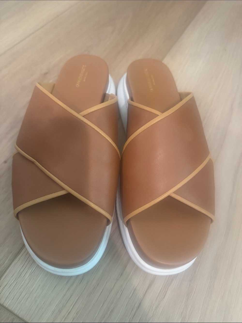 Cole Haan Tan Cross-Strap Slip-On Sandals with White Sole